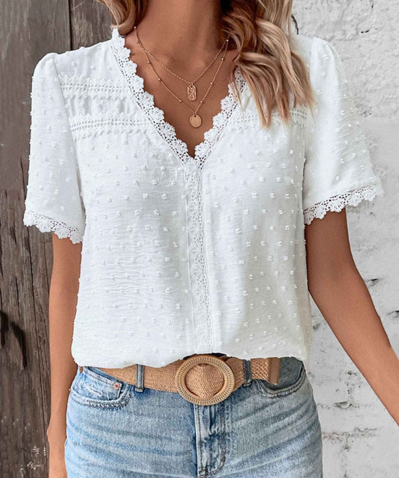 Maggie | Flattering V-Neck Short Sleeve Lace Blouse